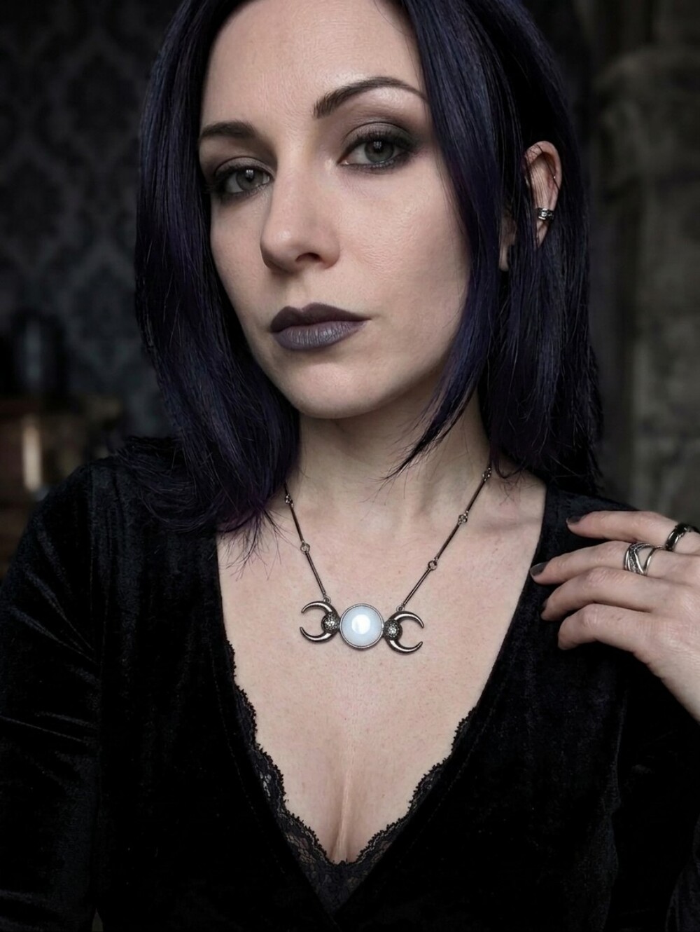 Triple Moon Goddess Necklace Gunmetal Gothic Wiccan Pagan Pendant White Stone